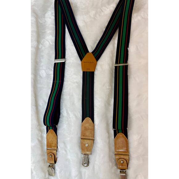 RARE Magnanni Braces Suspenders Leather Made in Spain Navy Blue Stripe Green Red - Picture 8 of 8